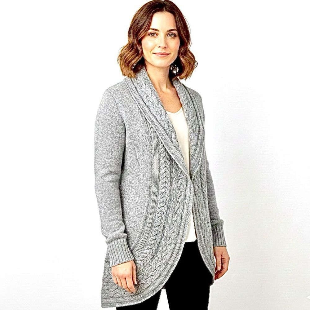 White House Black Market Gray Wool Blend Cable Knit Open Front Cardigan Medium